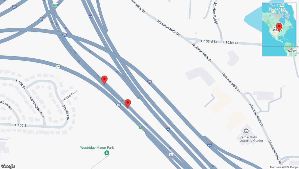 A detailed map that shows the affected road due to 'Broken down vehicle on East 104 Street in Kansas City' on December 23rd at 11:55 p.m.