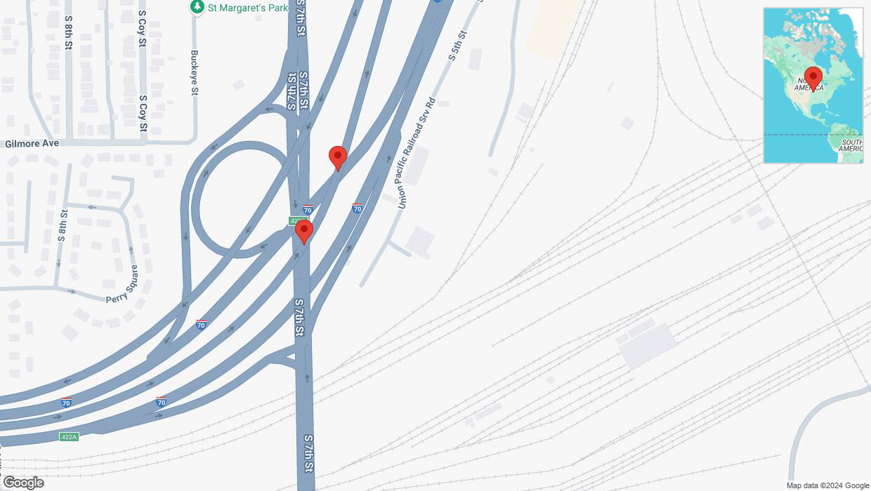 A detailed map that shows the affected road due to 'Broken down vehicle on eastbound I-670 in Kansas City' on December 24th at 8:49 p.m.