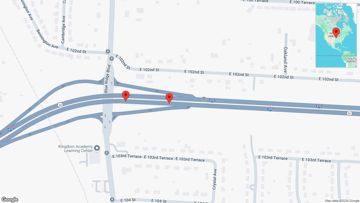 A detailed map that shows the affected road due to 'Broken down vehicle on eastbound I-470 in Kansas City' on December 25th at 12:52 p.m.