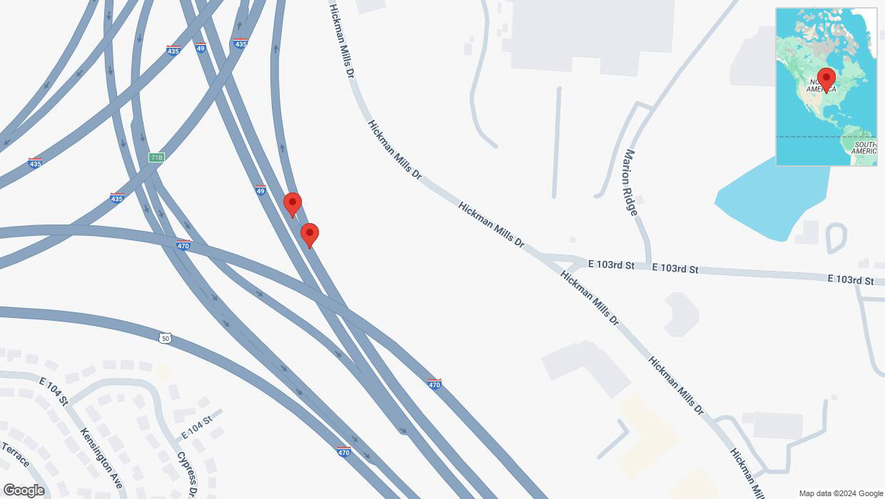 A detailed map that shows the affected road due to 'Broken down vehicle on northbound I-40/US-71 in Kansas City' on December 25th at 4:06 p.m.