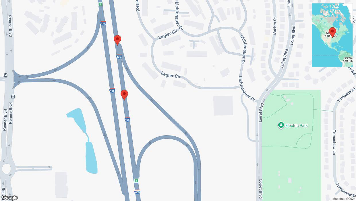 A detailed map that shows the affected road due to 'Broken down vehicle on northbound I-435 in Lenexa' on December 25th at 5:58 p.m.