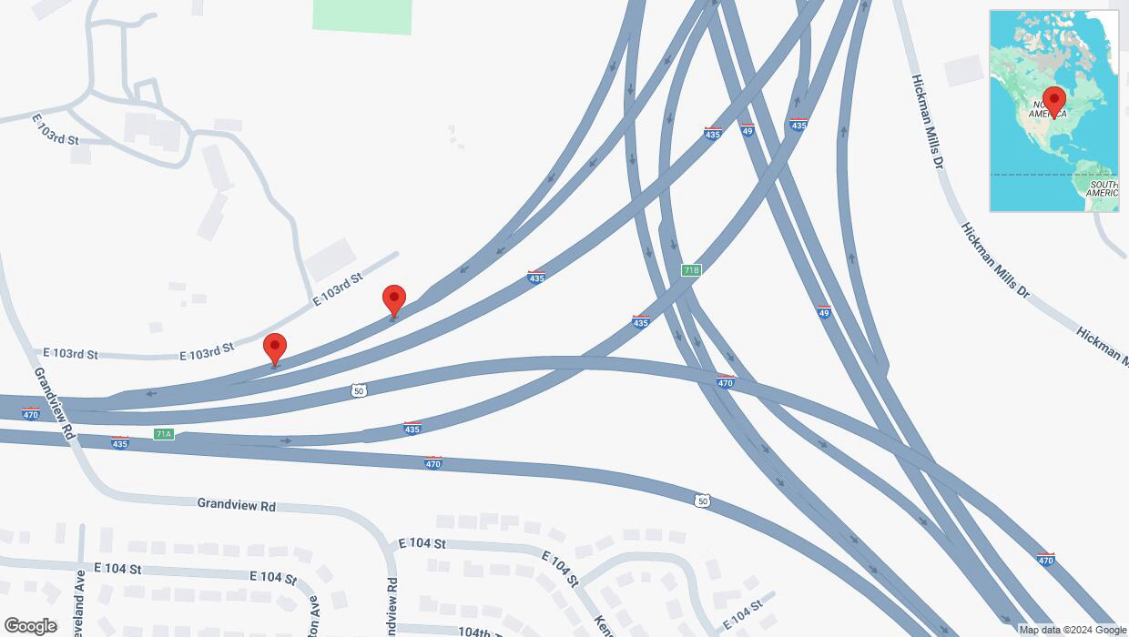 A detailed map that shows the affected road due to 'Broken down vehicle on Interstate 435 in Kansas City' on December 25th at 7:21 p.m.