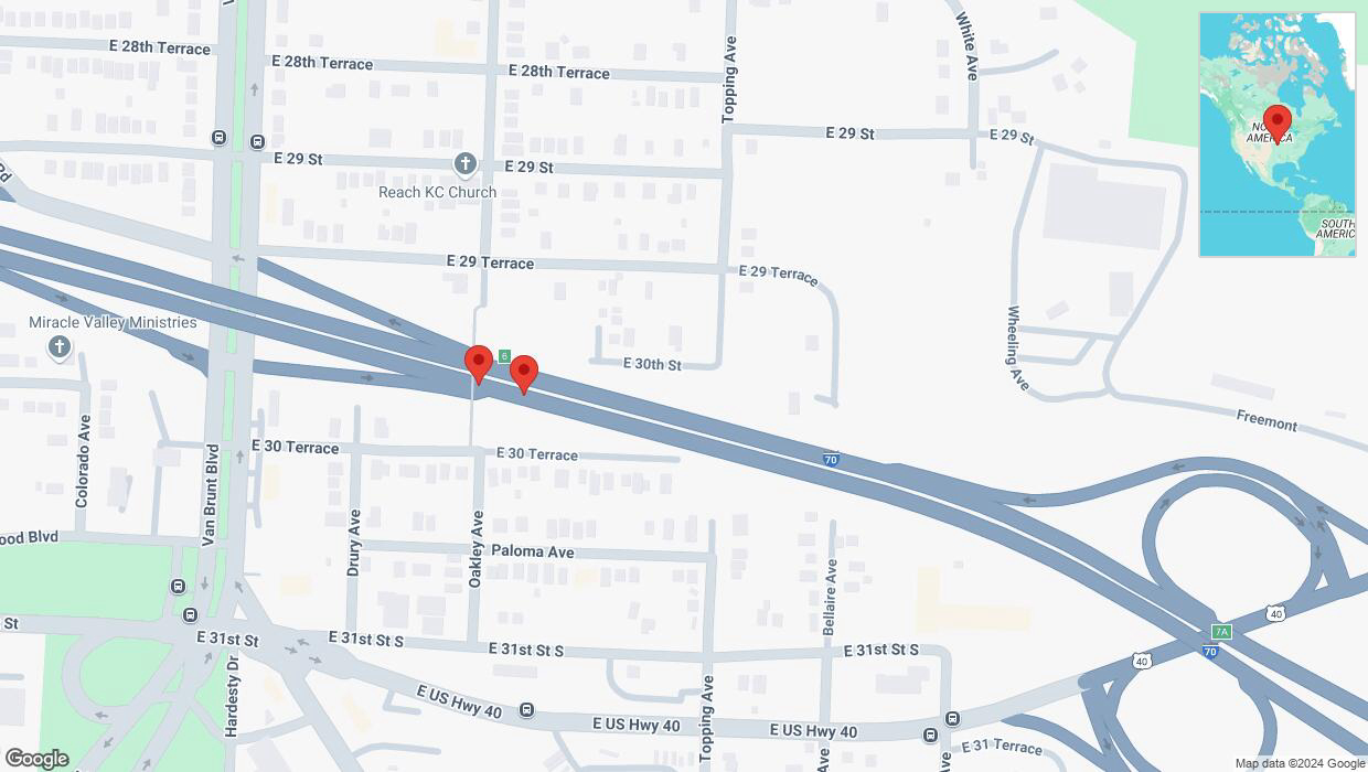 A detailed map that shows the affected road due to 'Broken down vehicle on eastbound I-70 in Kansas City' on December 25th at 9:02 p.m.