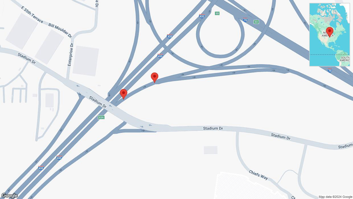A detailed map that shows the affected road due to 'Broken down vehicle on Interstate 435 in Kansas City' on December 25th at 10:39 p.m.