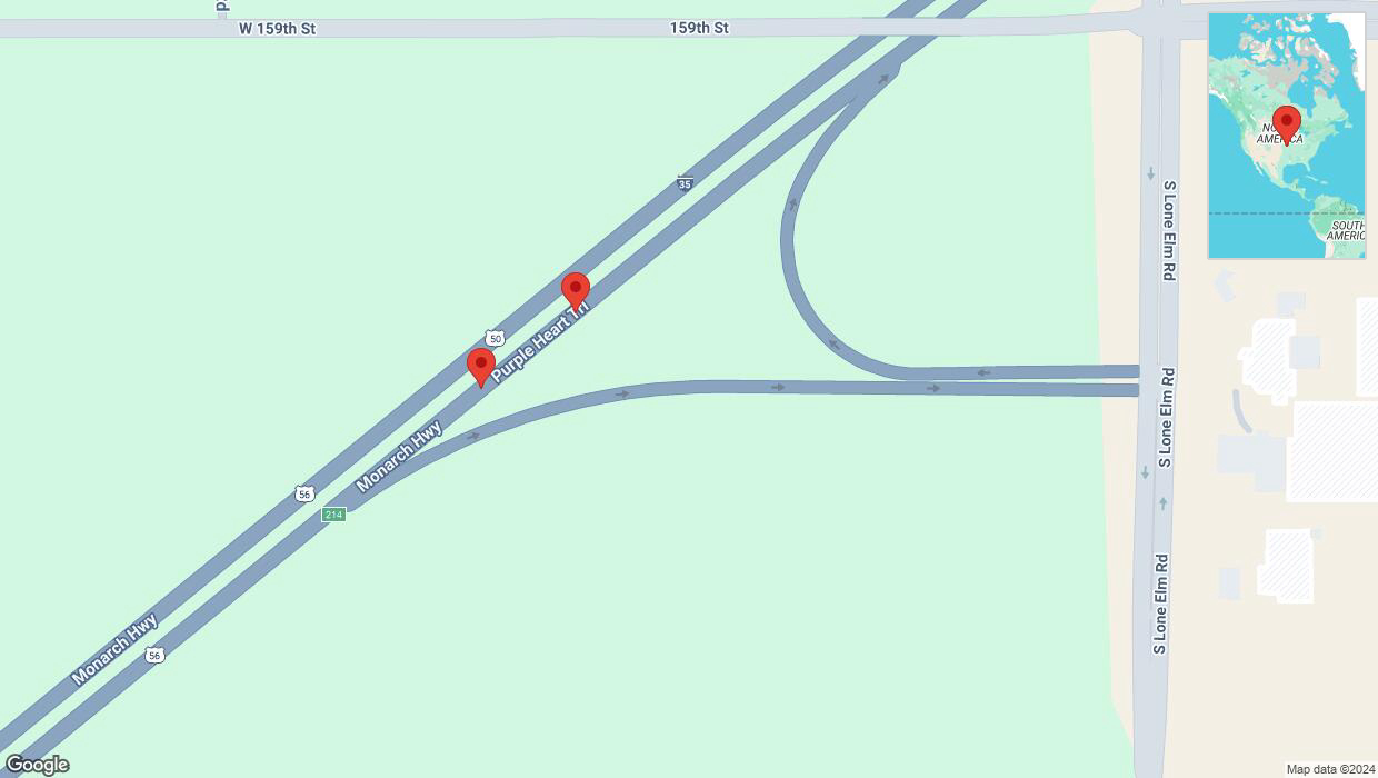 A detailed map that shows the affected road due to 'Broken down vehicle on eastbound I-35 in Olathe' on December 26th at 12:58 p.m.