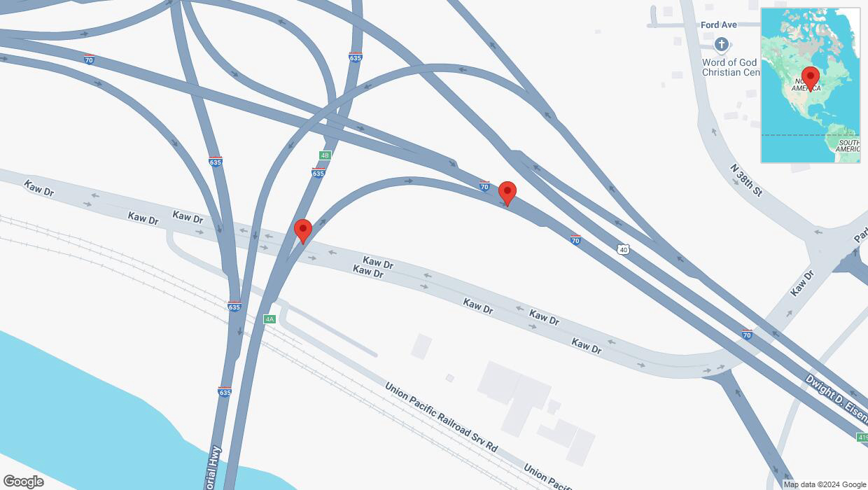 A detailed map that shows the affected road due to 'Broken down vehicle on Kaw Drive Frontage Road in Kansas City' on December 28th at 3:59 p.m.