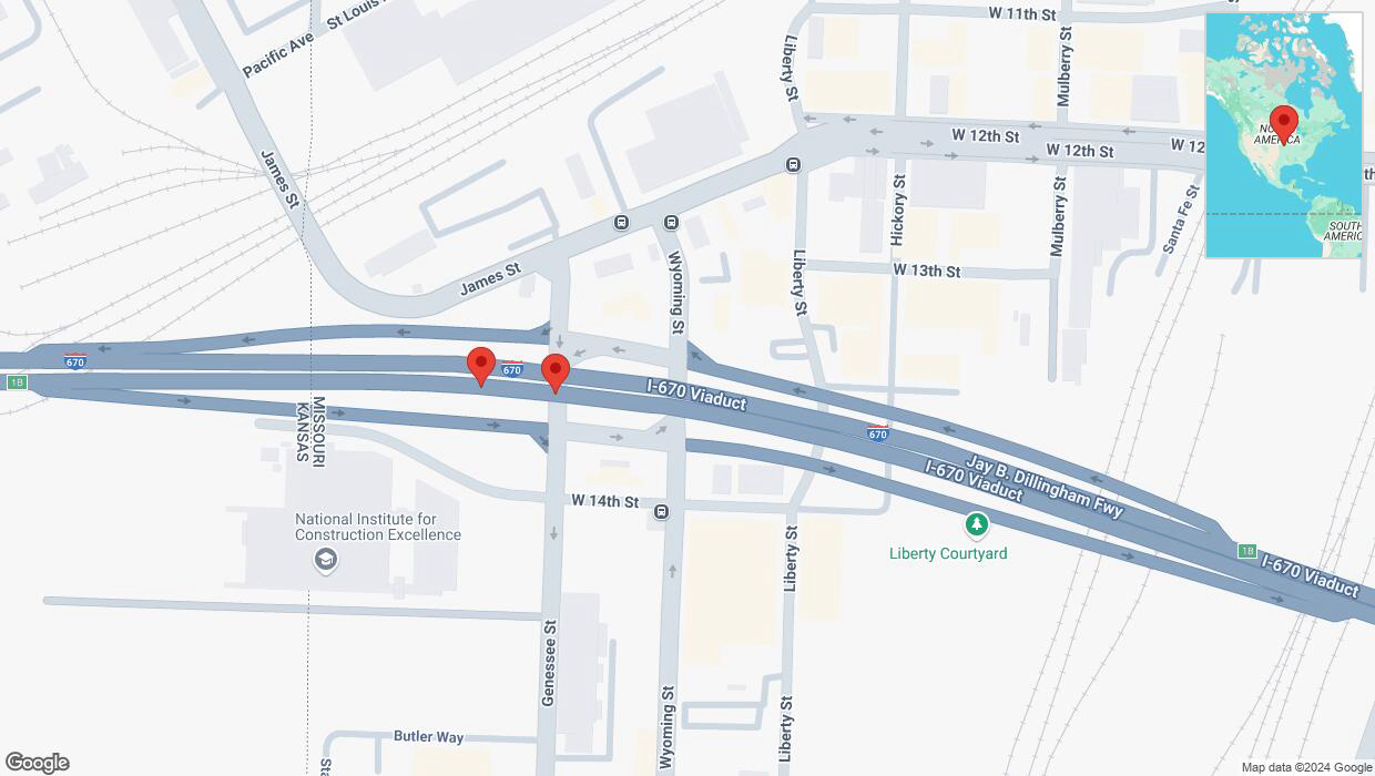 A detailed map that shows the affected road due to 'Broken down vehicle on eastbound I-670 in Kansas City' on December 29th at 1:14 p.m.