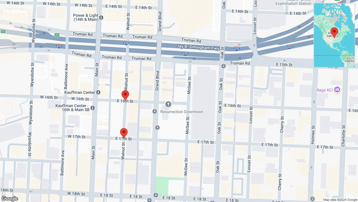 A detailed map that shows the affected road due to 'Walnut Street closed in Kansas City' on December 29th at 9:38 p.m.