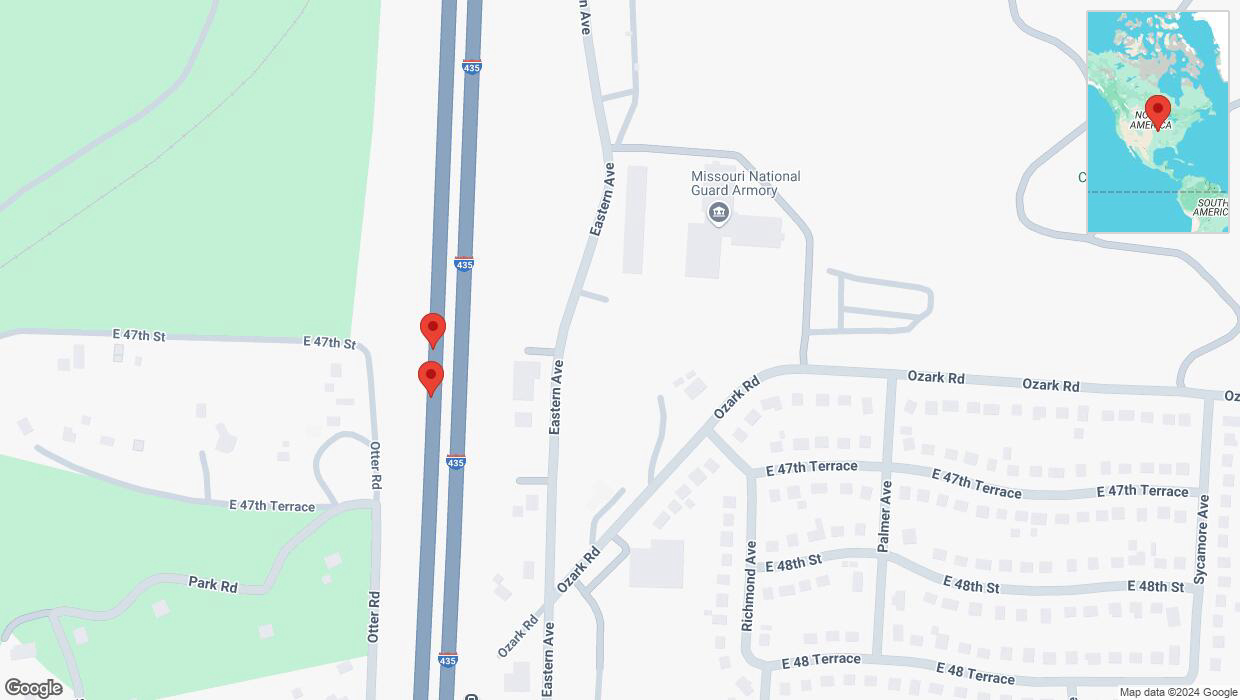 A detailed map that shows the affected road due to 'Broken down vehicle on southbound I-435 in Kansas City' on December 29th at 11:36 p.m.