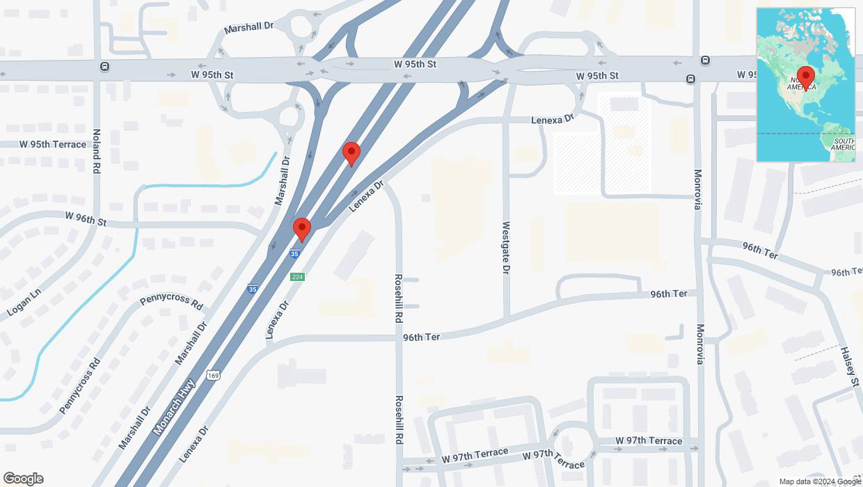 A detailed map that shows the affected road due to 'Broken down vehicle on eastbound I-35 in Lenexa' on December 30th at 3:25 p.m.