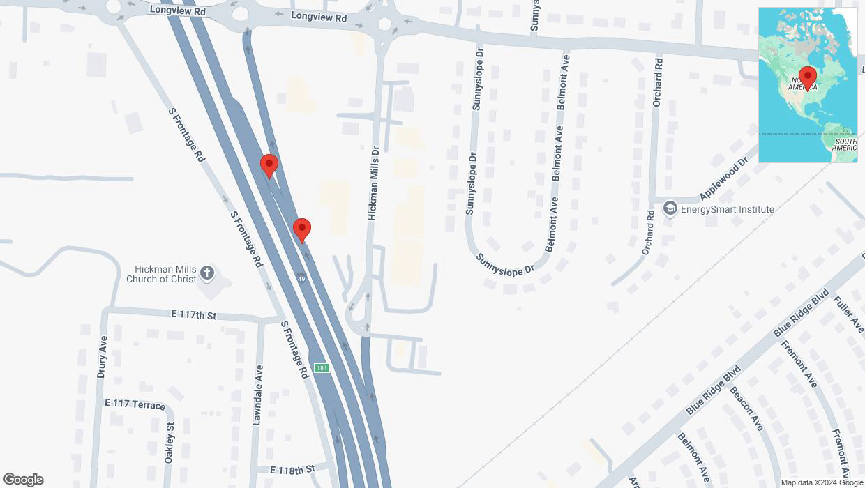 A detailed map that shows the affected road due to 'Broken down vehicle on Hickman Mills Drive in Kansas City' on December 31st at 12:01 p.m.