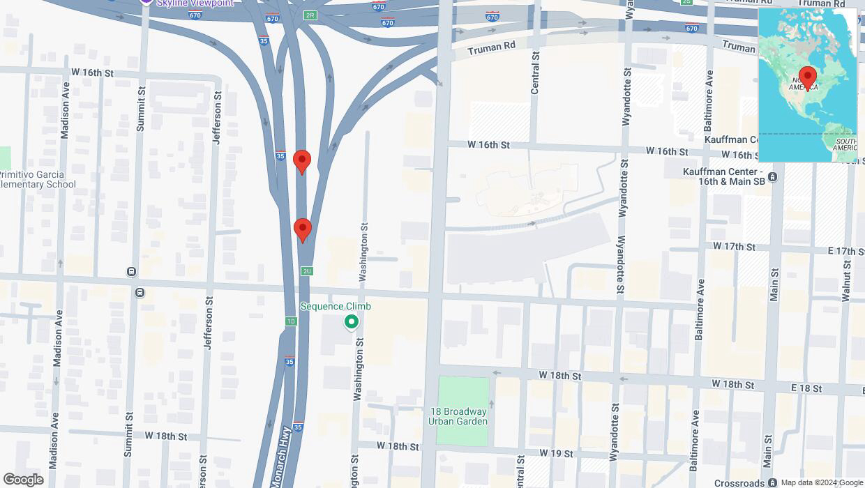 A detailed map that shows the affected road due to 'Broken down vehicle on northbound I-35 in Kansas City' on December 31st at 2:03 p.m.