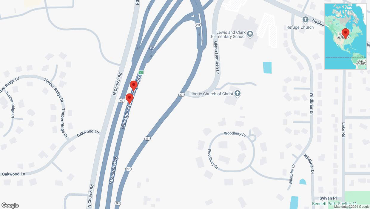 A detailed map that shows the affected road due to 'Broken down vehicle on northbound I-35 in Liberty' on December 31st at 2:14 p.m.