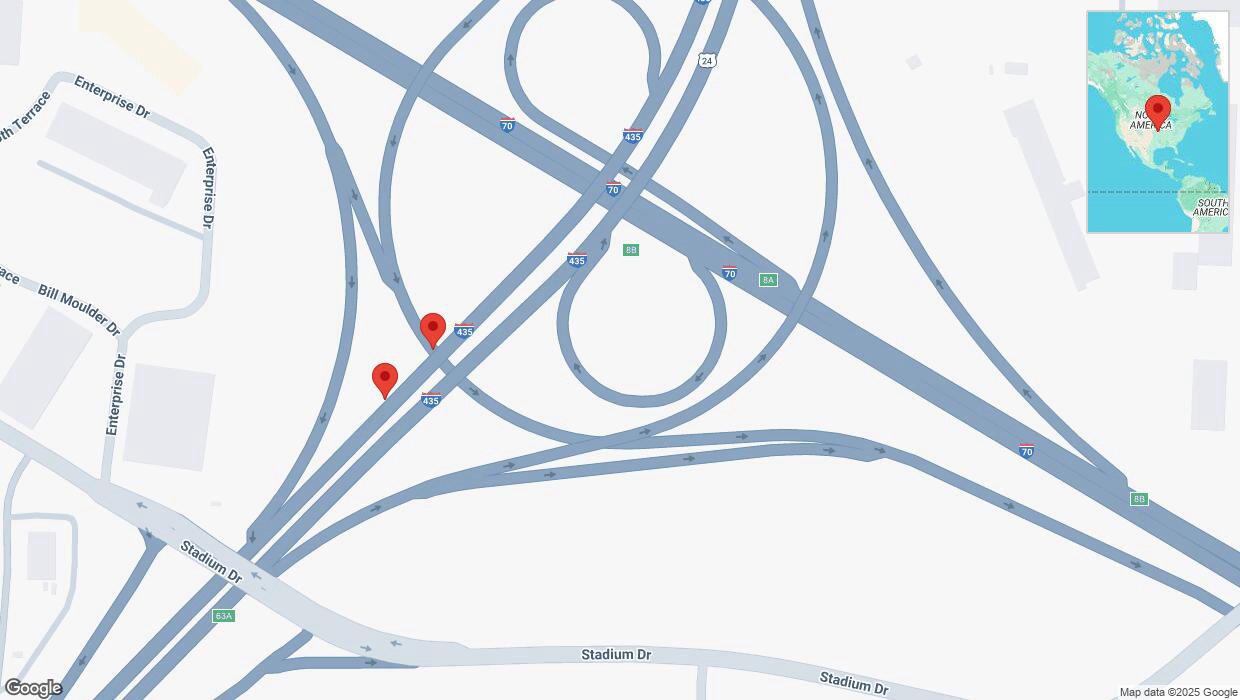 A detailed map that shows the affected road due to 'Broken down vehicle on southbound I-435 in Kansas City' on January 2nd at 1:34 p.m.