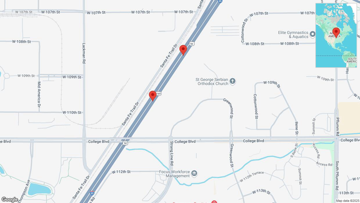 A detailed map that shows the affected road due to 'Broken down vehicle on eastbound I-35 in Lenexa' on January 2nd at 3:03 p.m.