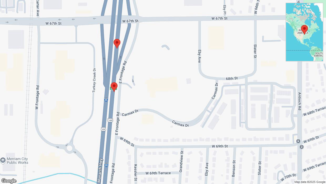 A detailed map that shows the affected road due to 'Broken down vehicle on eastbound I-35 in Merriam' on January 2nd at 4:56 p.m.