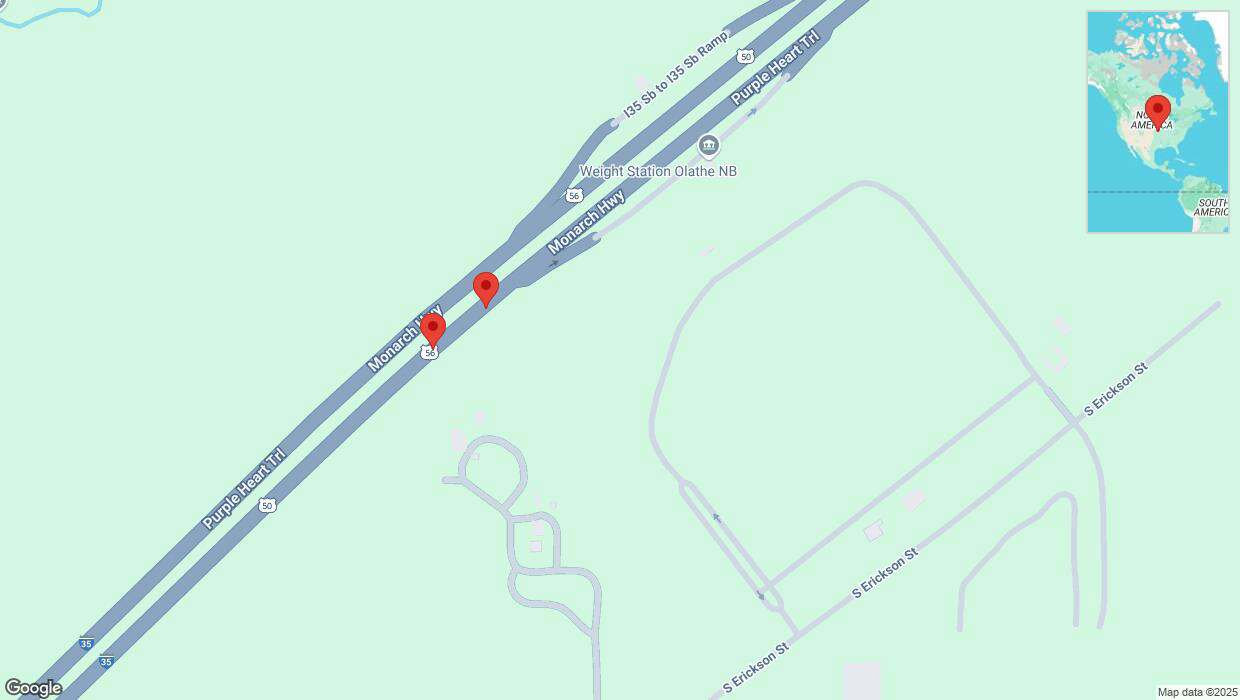 A detailed map that shows the affected road due to 'Broken down vehicle on eastbound I-35 in Olathe' on January 2nd at 8:45 p.m.