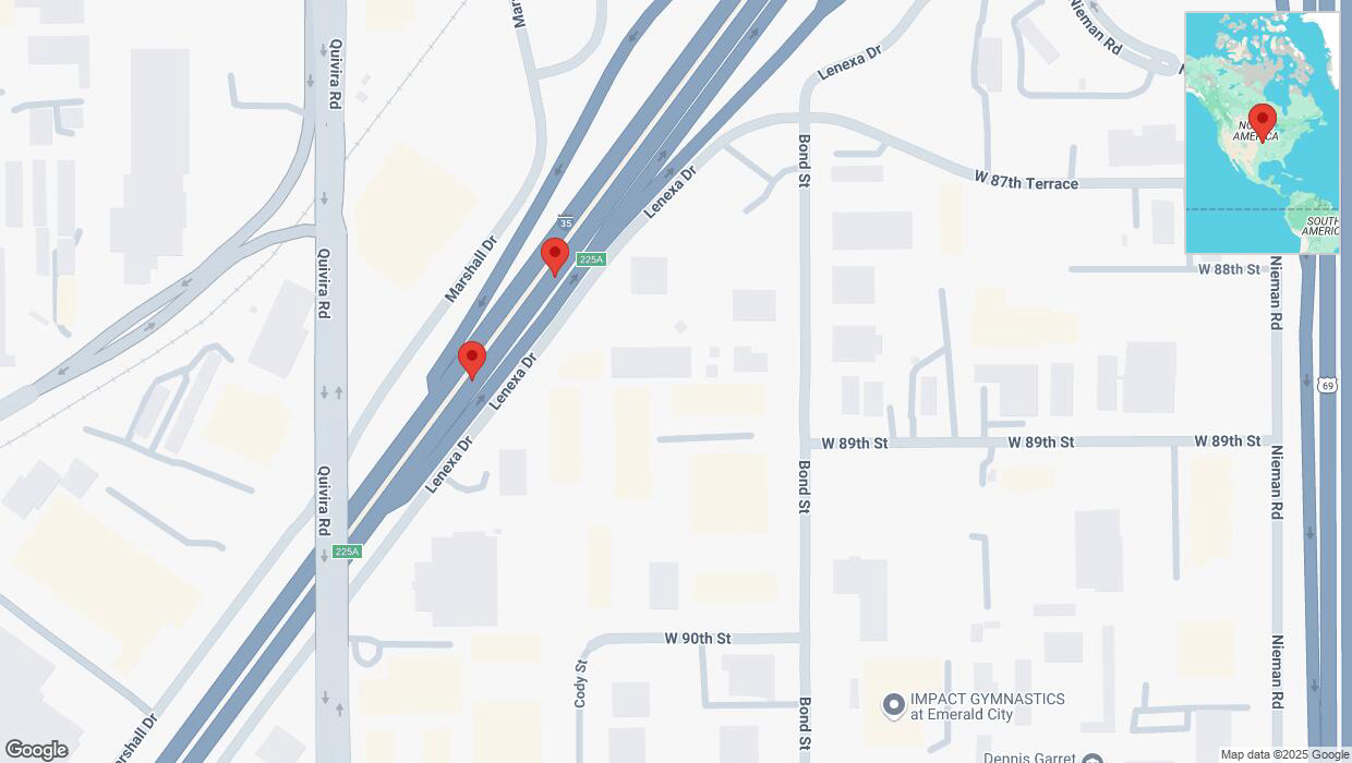 A detailed map that shows the affected road due to 'Broken down vehicle on eastbound I-35 in Shawnee' on January 3rd at 12:40 p.m.