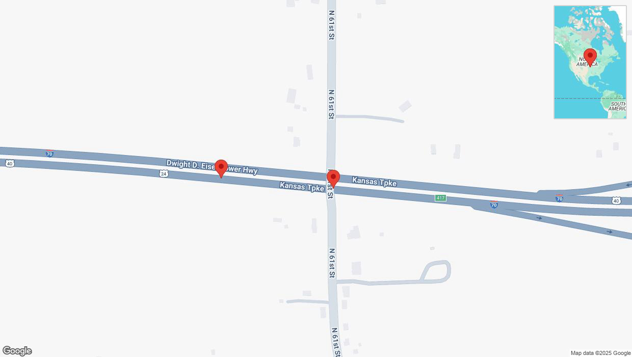 A detailed map that shows the affected road due to 'Broken down vehicle on eastbound I-70 in Kansas City' on January 3rd at 6:50 p.m.