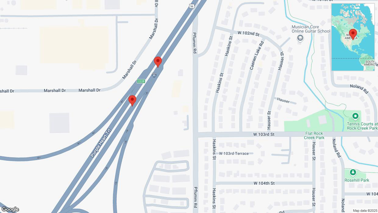 A detailed map that shows the affected road due to 'Broken down vehicle on eastbound I-35 in Lenexa' on January 3rd at 9:20 p.m.