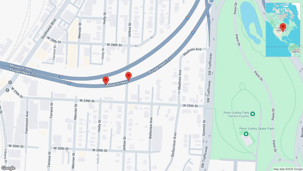A detailed map that shows the affected road due to 'Broken down vehicle on northbound I-35 in Kansas City' on January 3rd at 9:49 p.m.