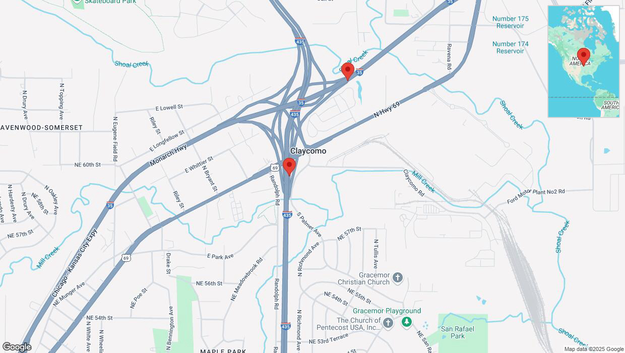 A detailed map that shows the affected road due to 'Heavy snowfall on Interstate 435 in Claycomo' on January 5th at 8:56 a.m.