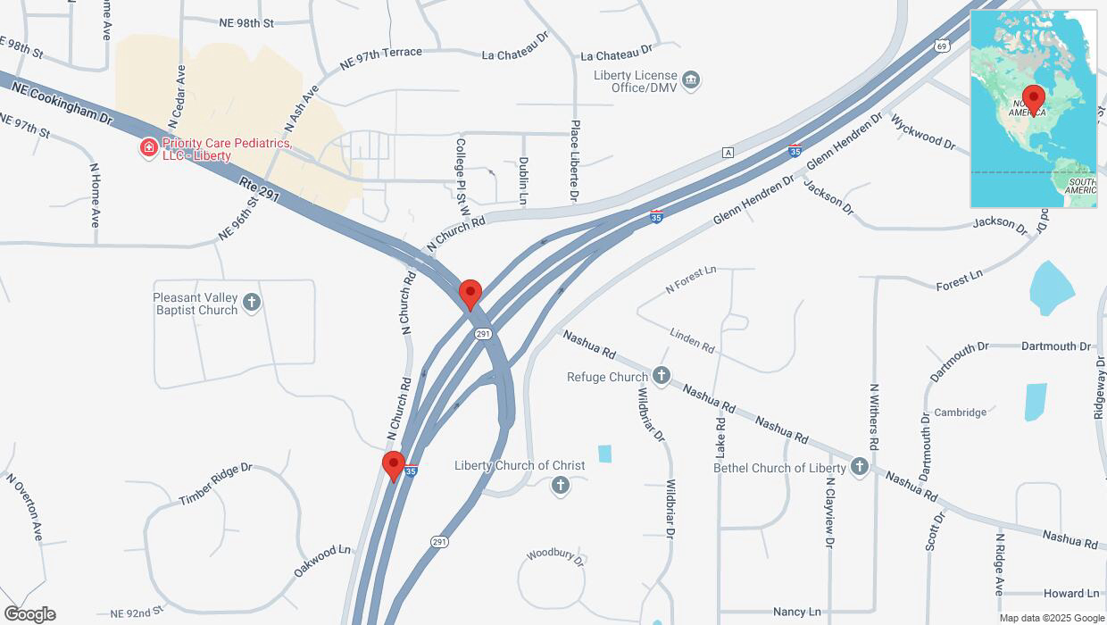 A detailed map that shows the affected road due to 'Route 291 temporarily closed in Liberty' on January 4th at 6:12 p.m.