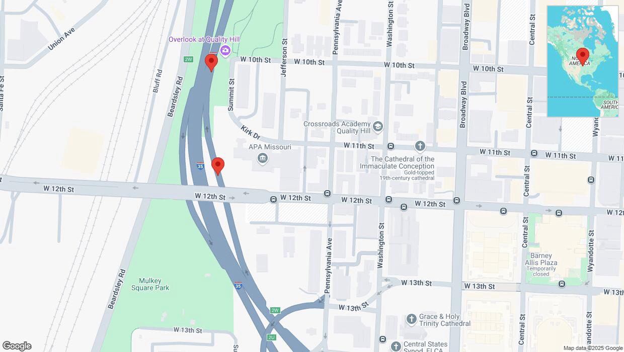 A detailed map that shows the affected road due to 'Broken down vehicle on Kirk Drive in Kansas City' on January 4th at 6:51 p.m.