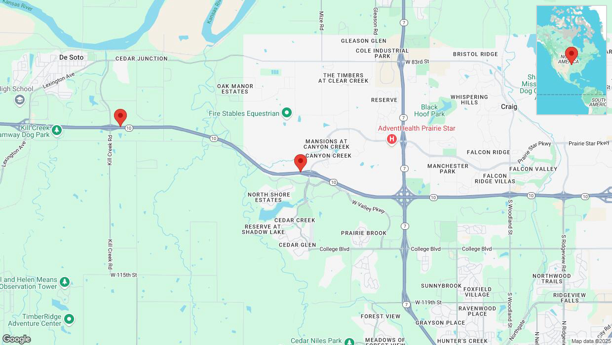 A detailed map that shows the affected road due to 'Lenexa: K-10 temporarily closed' on January 4th at 7:07 p.m.