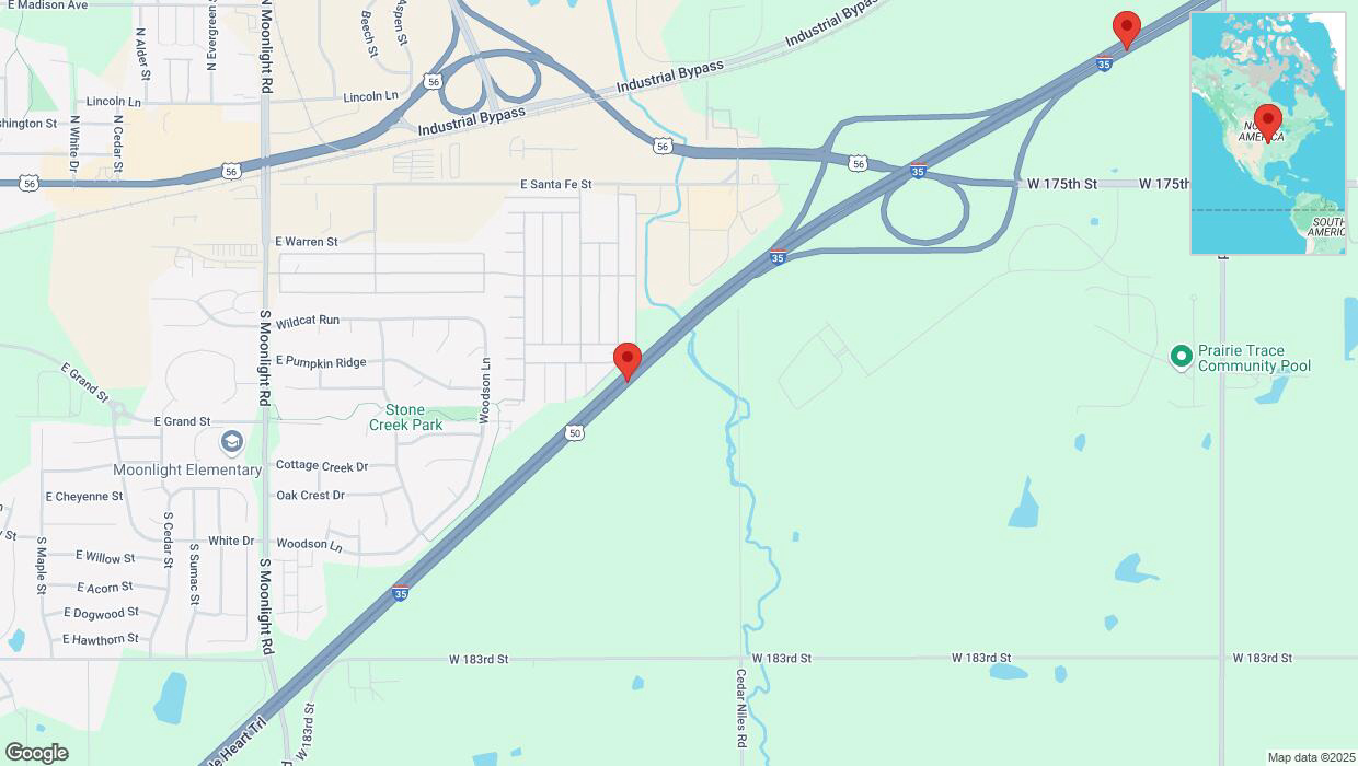 A detailed map that shows the affected road due to 'Traffic allert issued due to sleet on eastbound I-35 in Gardner' on January 5th at 8:50 a.m.