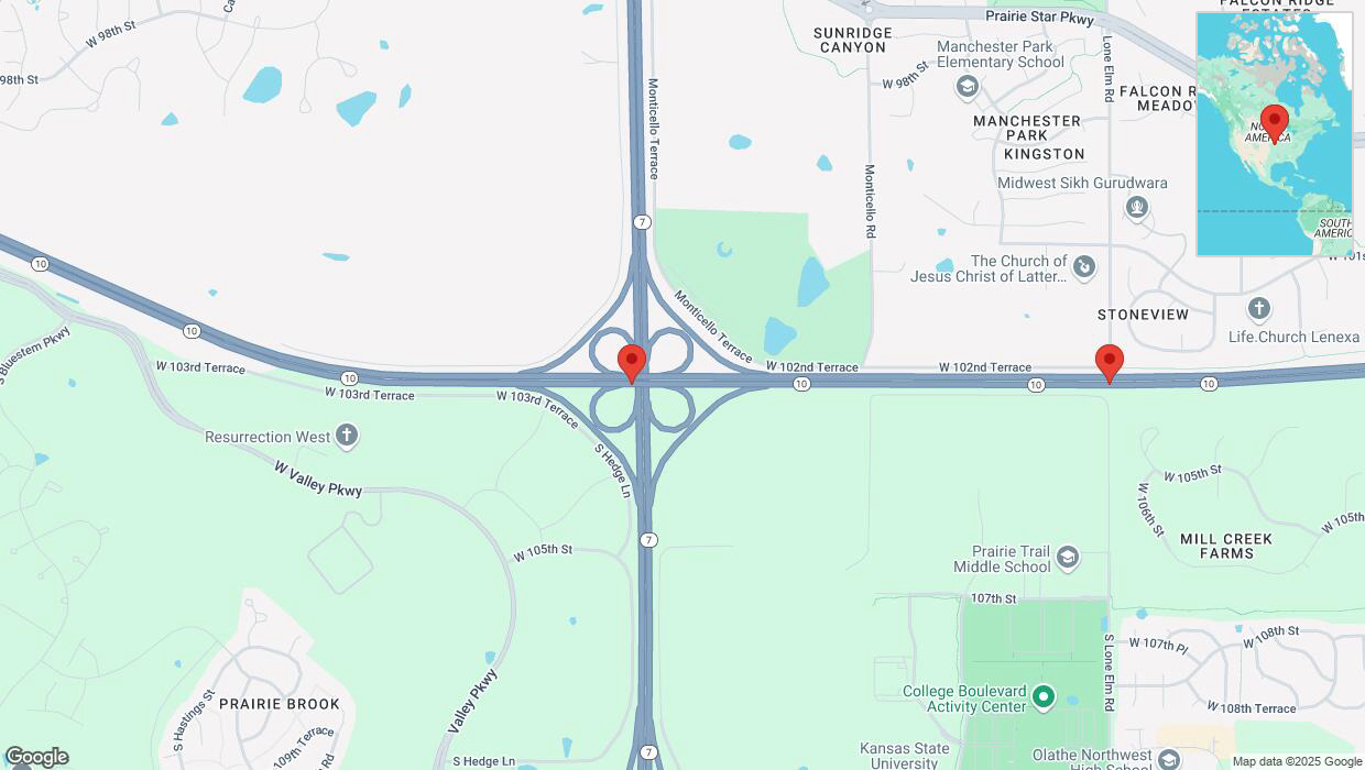 A detailed map that shows the affected road due to 'Heavy snowfall on eastbound K-10 in Olathe' on January 5th at 6:56 p.m.
