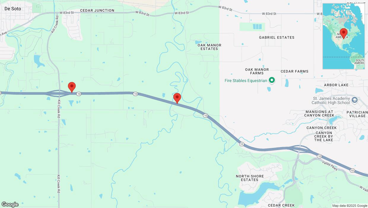 A detailed map that shows the affected road due to 'Heavy snowfall on westbound K-10 in De Soto' on January 5th at 8:41 p.m.