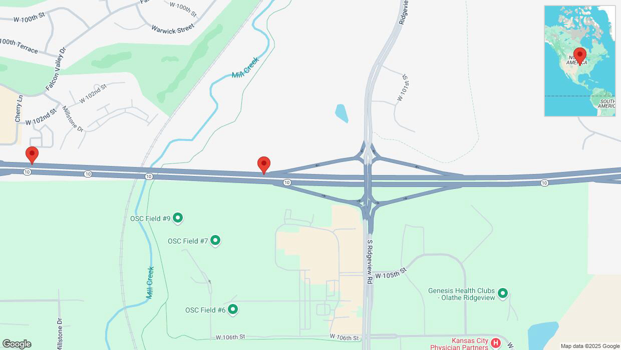 A detailed map that shows the affected road due to 'Heavy snowfall on westbound K-10 in Olathe' on January 5th at 10:05 p.m.