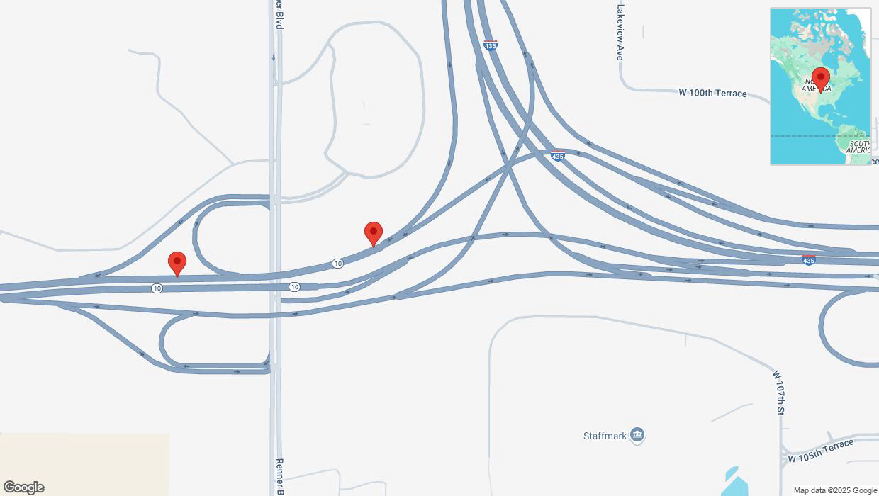 A detailed map that shows the affected road due to 'Heavy snowfall on westbound K-10 in Lenexa' on January 5th at 10:32 p.m.