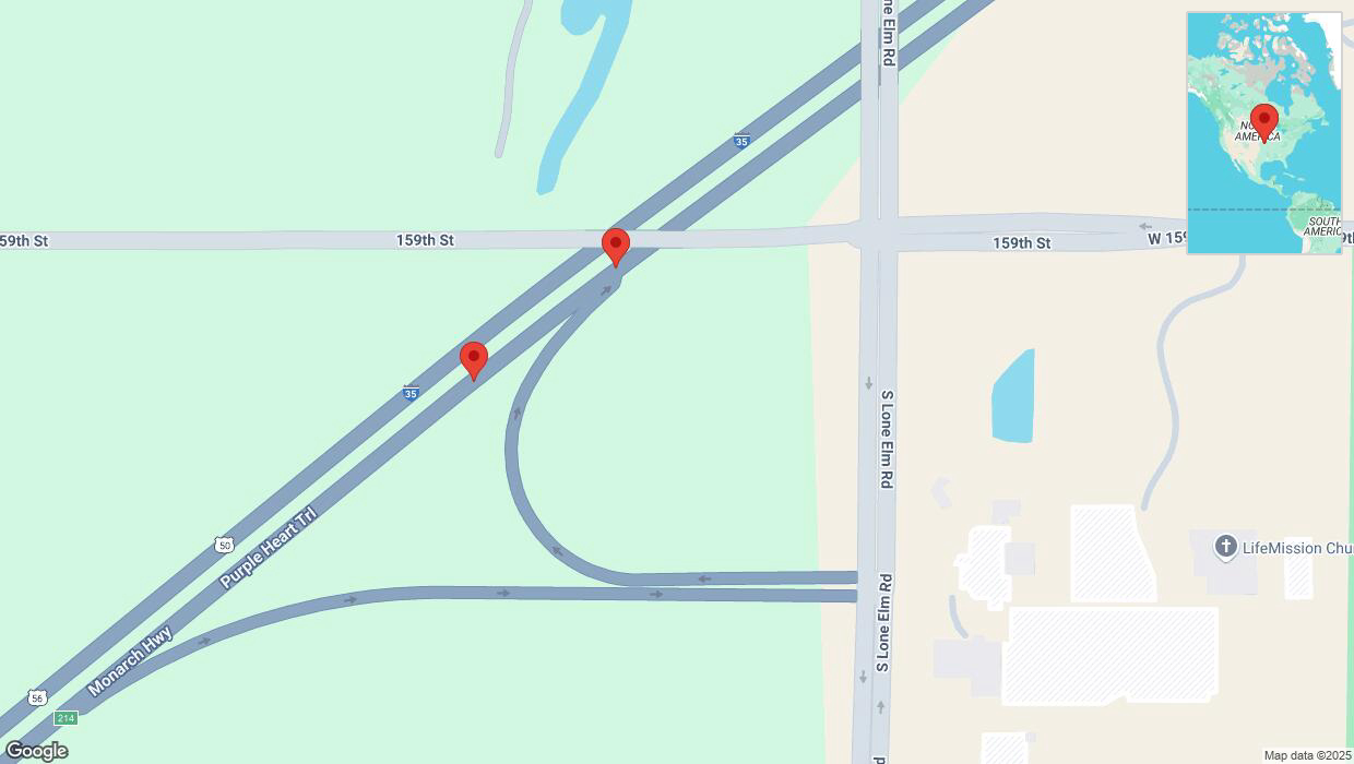 A detailed map that shows the affected road due to 'Broken down vehicle on eastbound I-35 in Olathe' on January 8th at 2:10 p.m.
