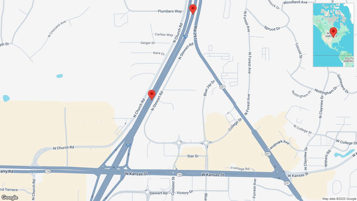 A detailed map that shows the affected road due to 'Broken down vehicle on northbound I-35 in Liberty' on January 6th at 3:02 p.m.