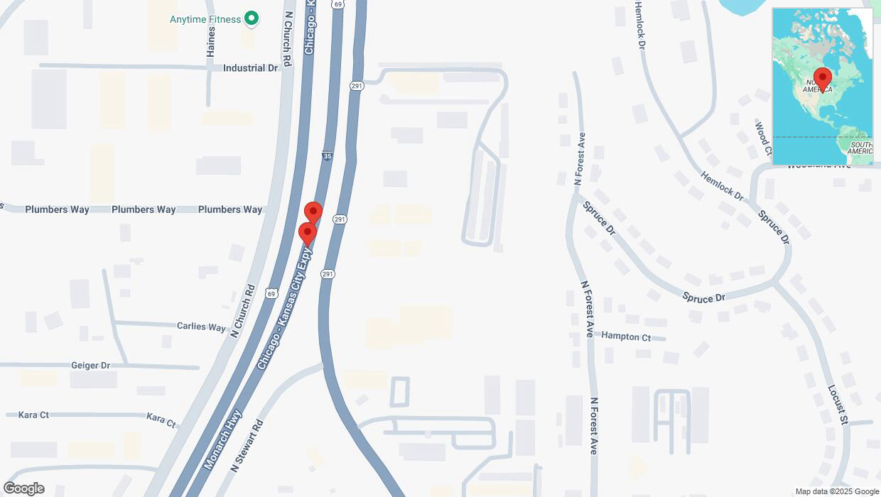 A detailed map that shows the affected road due to 'Broken down vehicle on northbound I-35 in Liberty' on January 7th at 5:14 p.m.