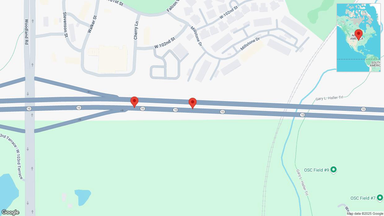 A detailed map that shows the affected road due to 'Broken down vehicle on eastbound K-10 in Lenexa' on January 6th at 6:04 p.m.