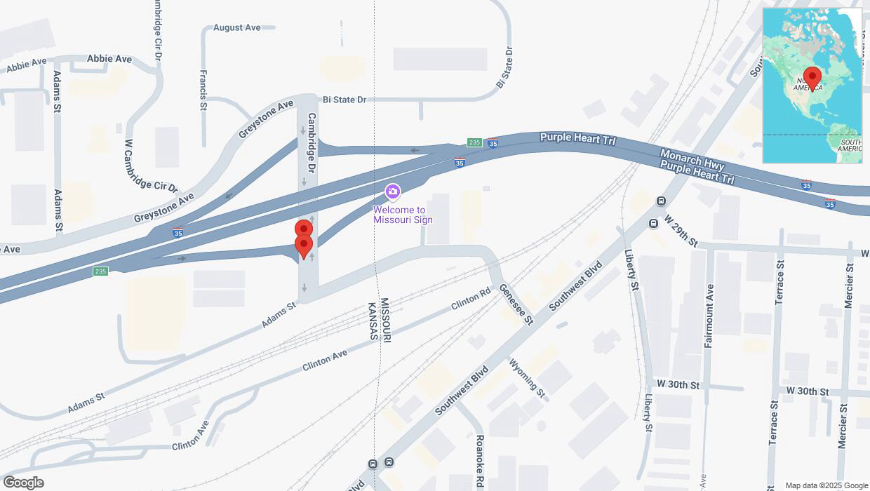 A detailed map that shows the affected road due to 'Broken down vehicle on Cambridge Drive in Kansas City' on January 6th at 6:44 p.m.