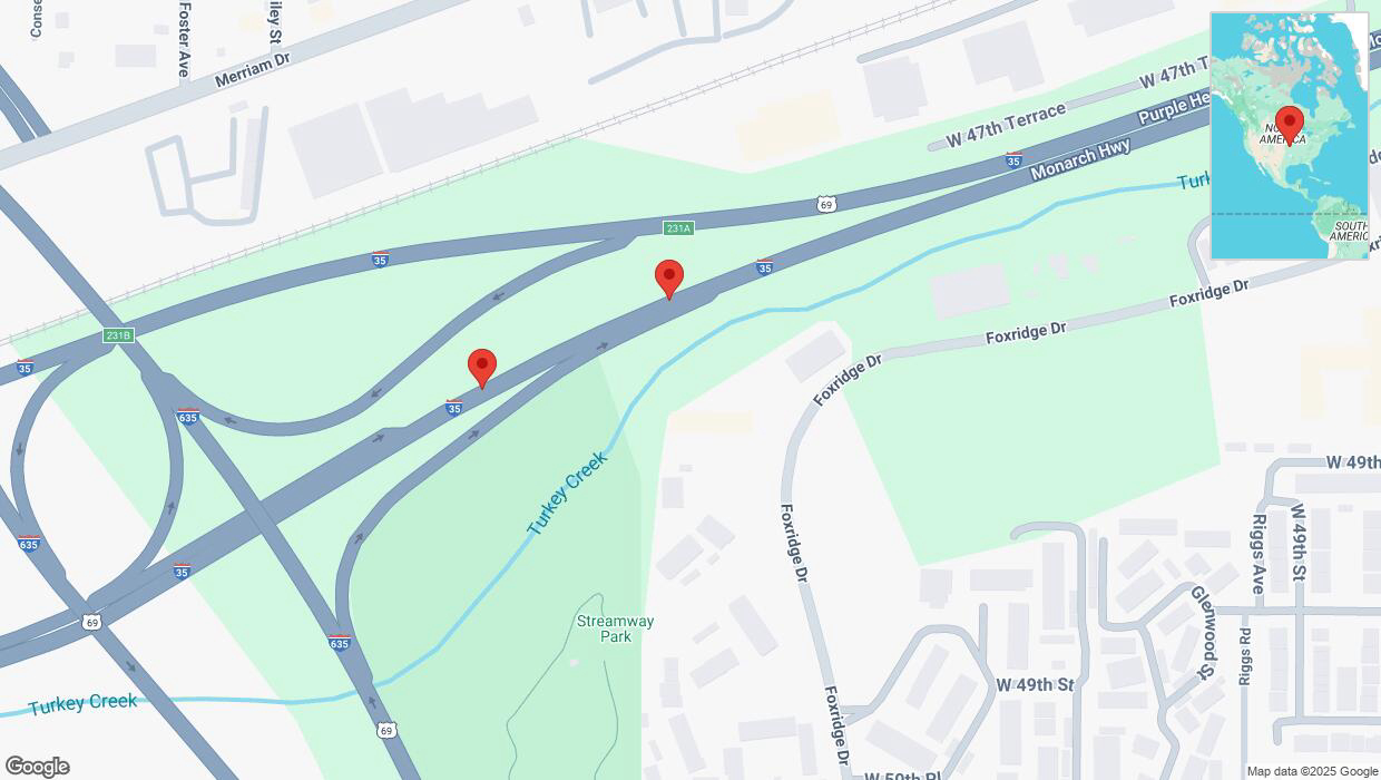 A detailed map that shows the affected road due to 'Broken down vehicle on northbound I-35 in Mission' on January 7th at 8:44 p.m.