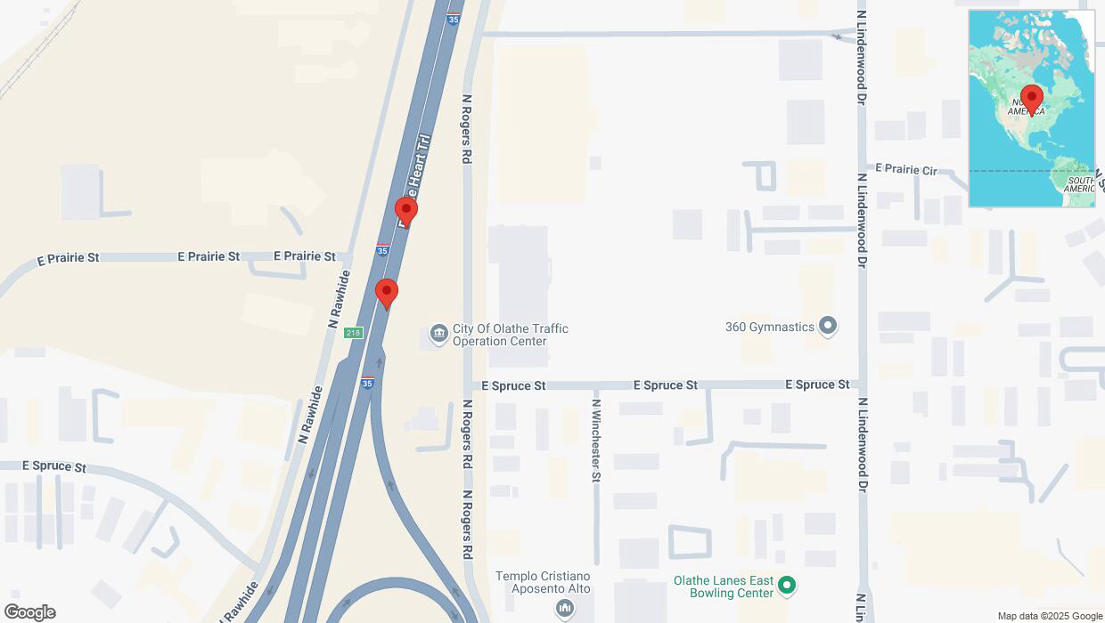 A detailed map that shows the affected road due to 'Broken down vehicle on eastbound I-35 in Olathe' on January 7th at 6:02 p.m.