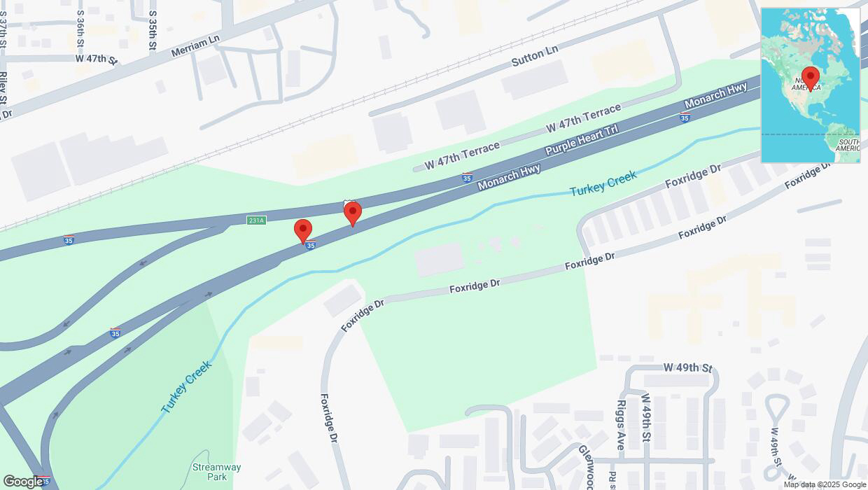 A detailed map that shows the affected road due to 'Broken down vehicle on northbound I-35 in Mission' on January 7th at 7:20 p.m.