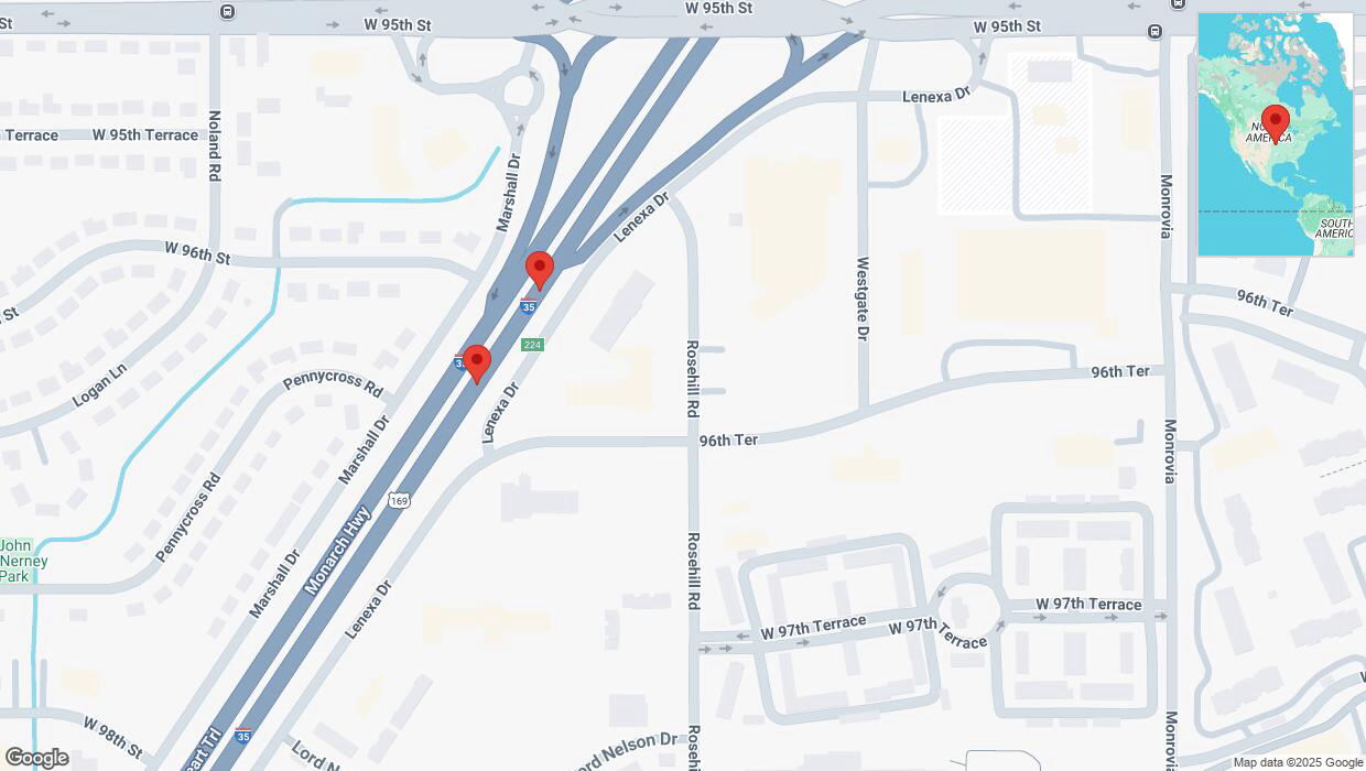 A detailed map that shows the affected road due to 'Broken down vehicle on eastbound I-35 in Lenexa' on January 8th at 2:52 p.m.