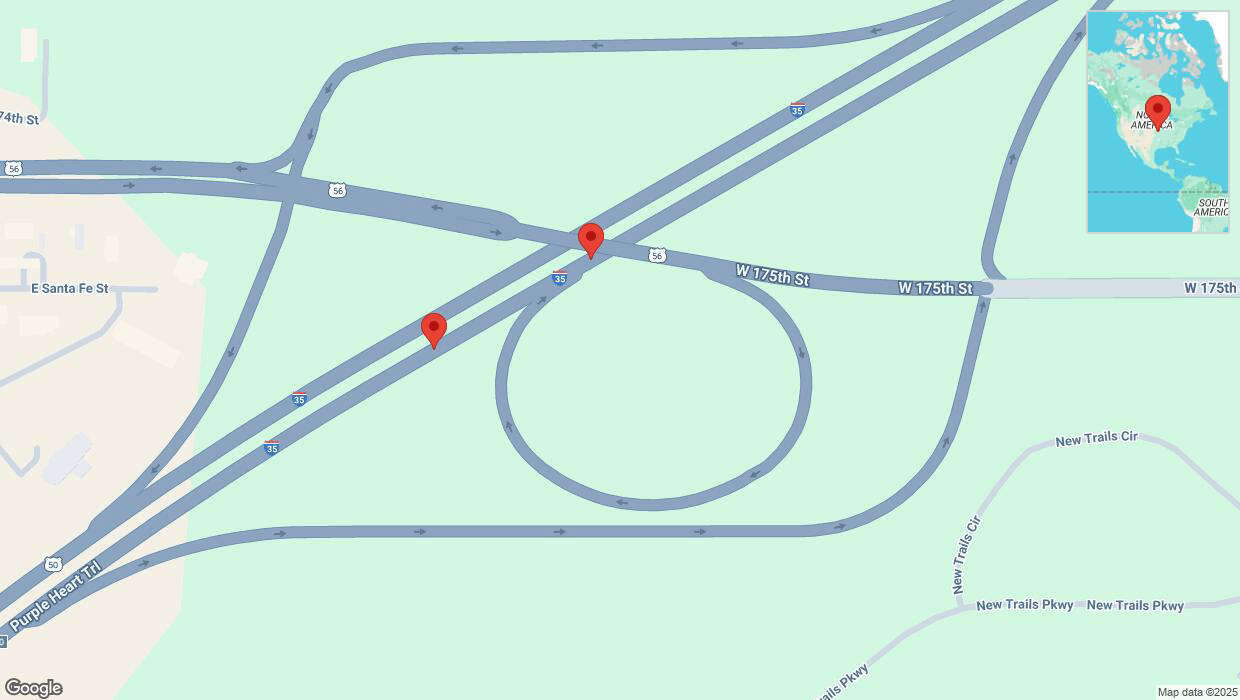 A detailed map that shows the affected road due to 'Broken down vehicle on northbound I-35 in Gardner' on January 8th at 10:38 p.m.