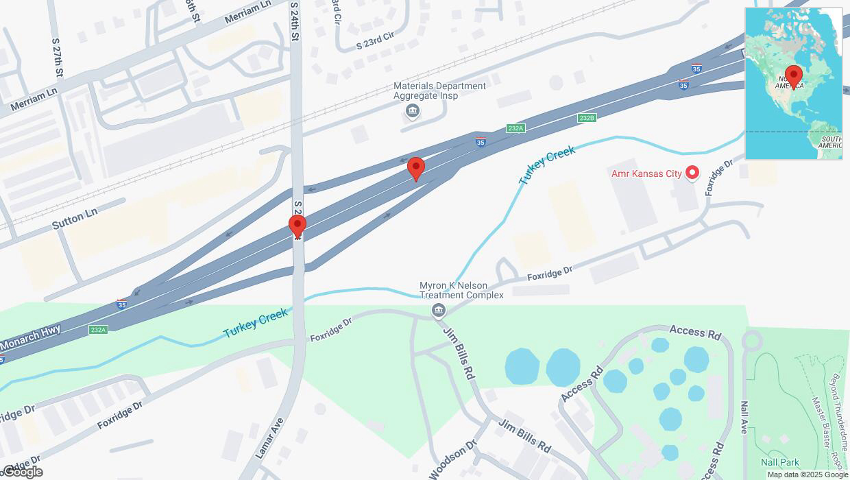 A detailed map that shows the affected road due to 'Broken down vehicle on northbound I-35 in Kansas City' on January 12th at 8:23 p.m.