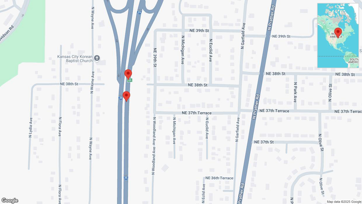 A detailed map that shows the affected road due to 'Broken down vehicle on northbound I-29/I-35 in Kansas City' on January 9th at 9:16 p.m.