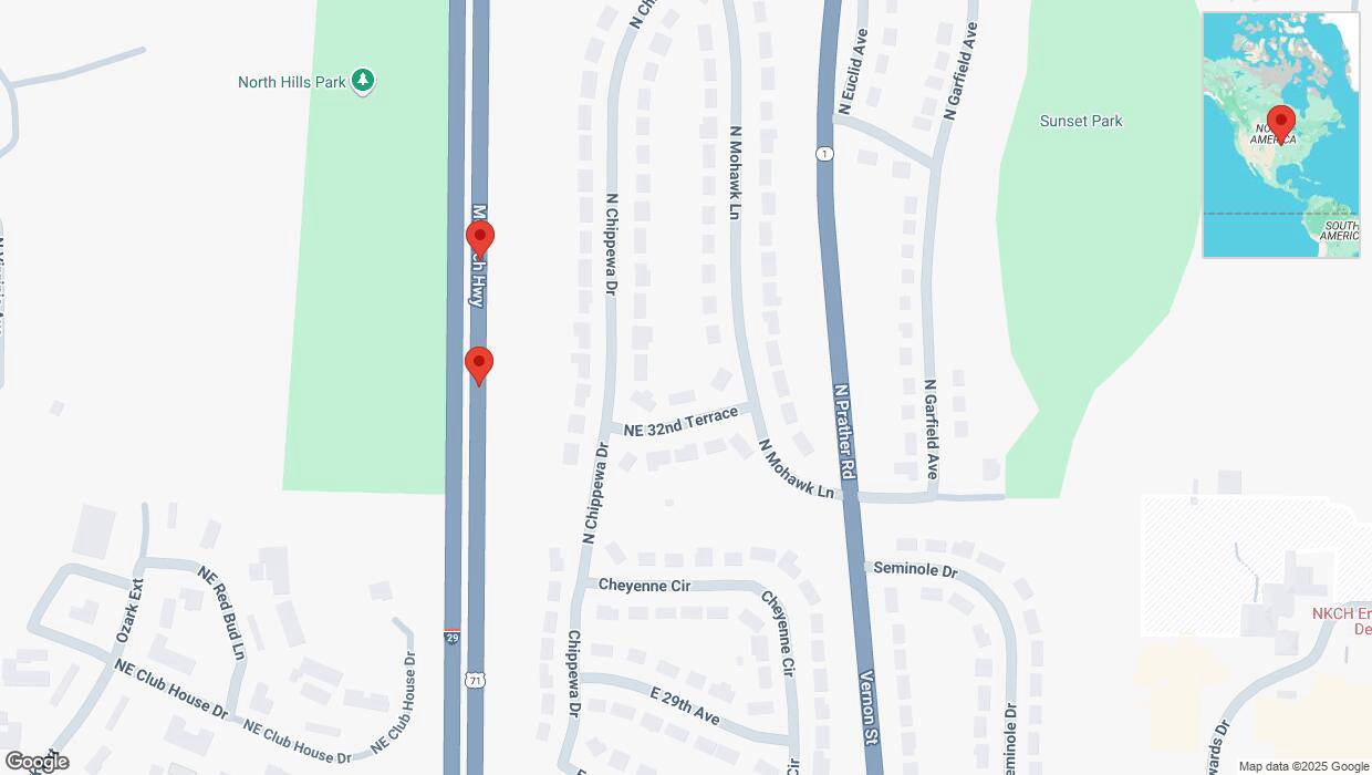 A detailed map that shows the affected road due to 'Broken down vehicle on northbound I-29/I-35 in Kansas City' on January 9th at 10:44 p.m.