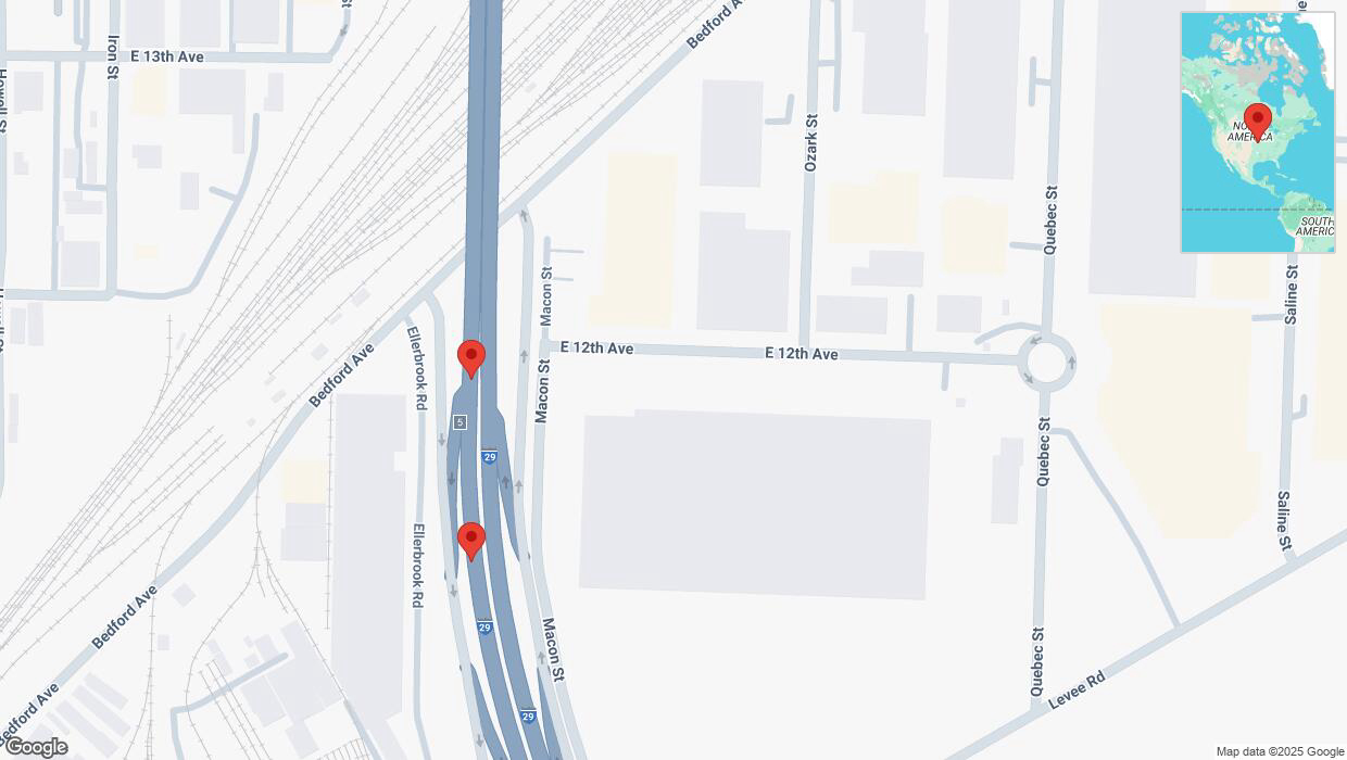 A detailed map that shows the affected road due to 'Broken down vehicle on southbound I-29/I-35 in North Kansas City' on January 9th at 7:56 p.m.