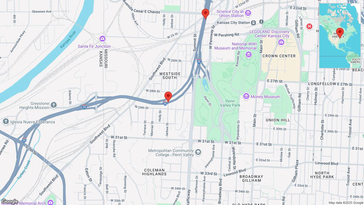 A detailed map that shows the affected road due to 'Heavy snowfall on northbound I-35 in Kansas City' on January 9th at 9:50 p.m.