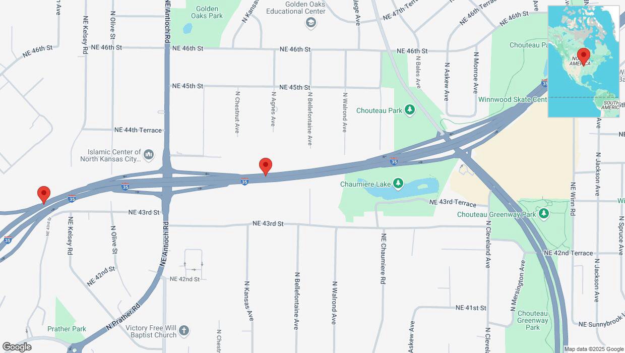 A detailed map that shows the affected road due to 'Heavy snowfall on southbound I-35 in Kansas City' on January 9th at 9:50 p.m.